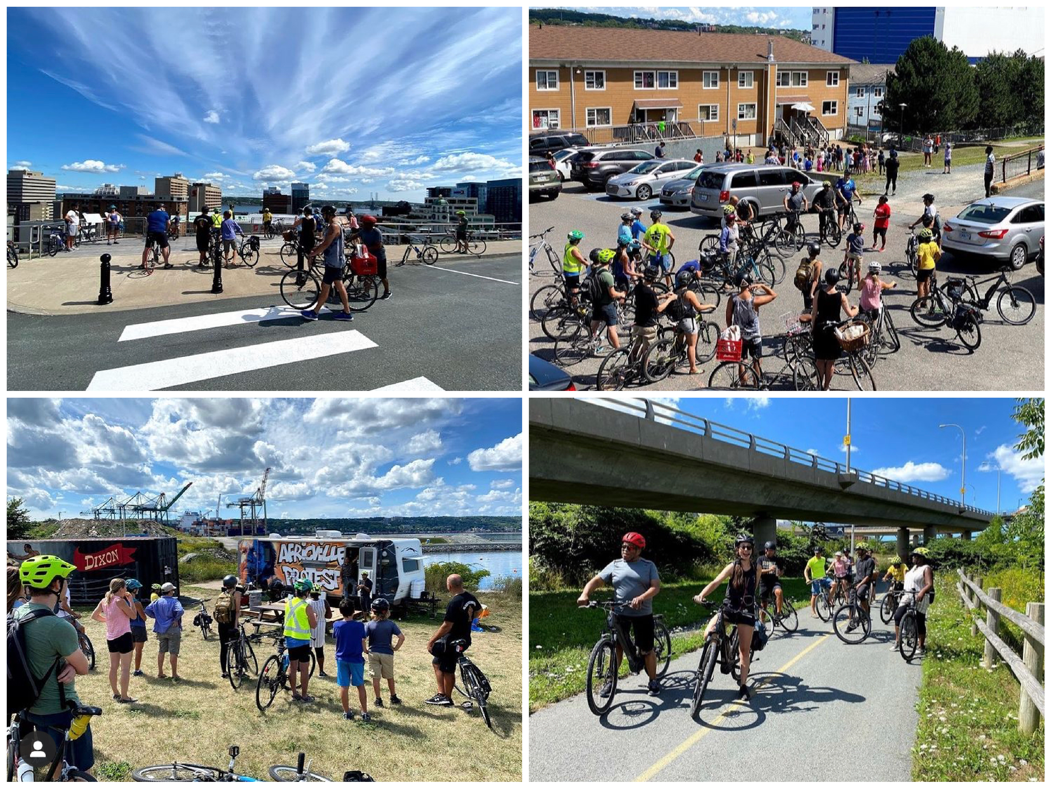 Four photos of Black history Bike Tour, top left to bottom right: Citadel Hill, Mulgrave Park, Africville, waterfront biketrail near MacDonald Bridge