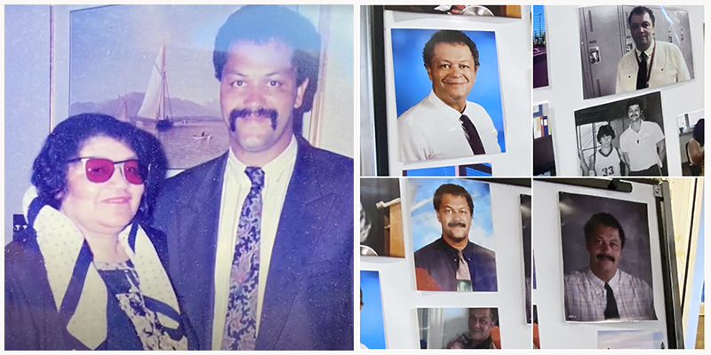 左图:已故黑人社区活动家Aida Fells和她的表弟和养子Don Berry。右图:贝瑞的各种拼贴照片，作为纪念他退休后担任雅茅斯联合纪念高中校长的一部分。