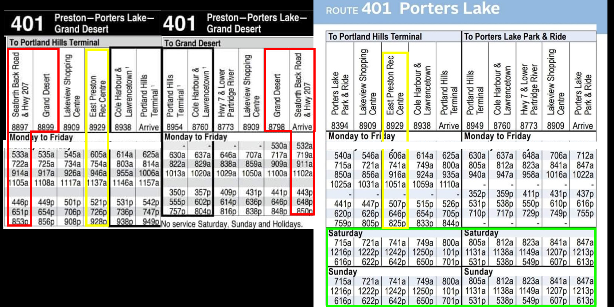旧公交时刻表(左)与服务于东普雷斯顿的401号新公交时刻表。红色高亮部分:路线中断部分。黄色高亮部分:新旧东普雷斯顿出发时间。绿色亮点:新推出的周末计划。
