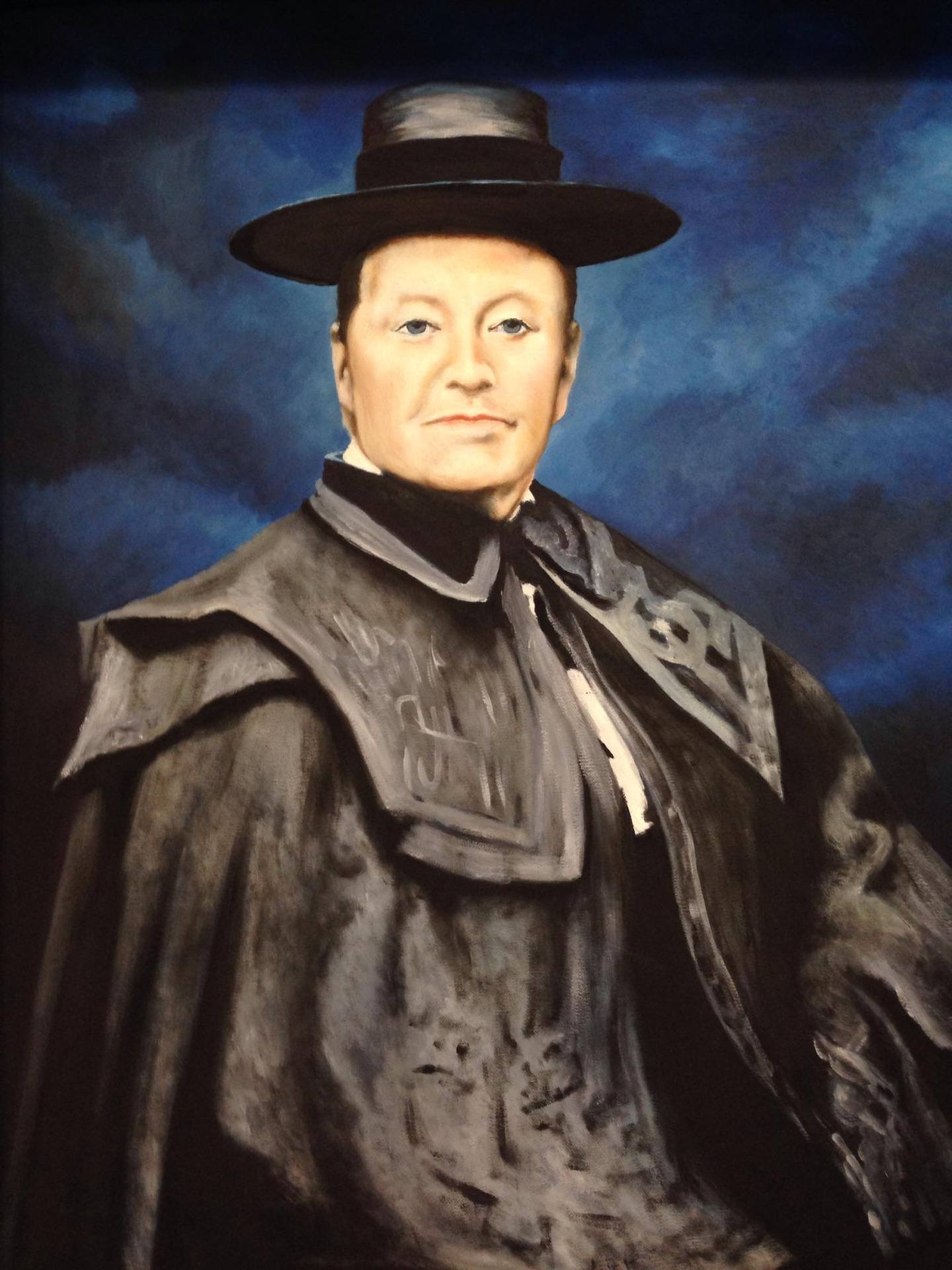 一幅身着学术长袍的女性油画正式肖像。