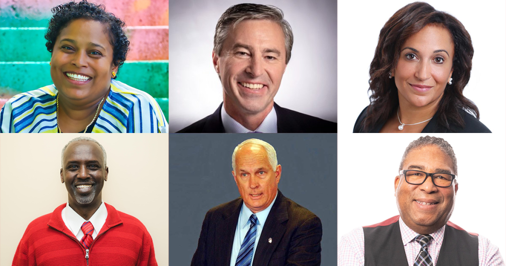 这张拼贴的头像有:首席部长苏西·汉森、首席部长蒂姆·休斯顿、首席部长安吉拉·西蒙兹、首席部长阿里·杜阿勒、非洲新斯科舍省事务部长帕特·邓恩和首席部长托尼·因斯。