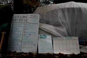 3个白板在人们公园外面征收。在他们上是营地需求的项目列表。