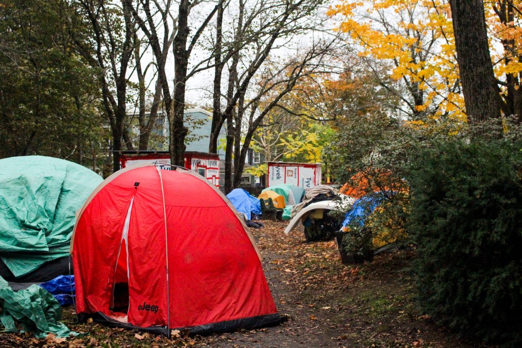 A shot looking into the walkway that runs through Meagher Park. Tents surround it and two wooden emergency shelters stand in the background.