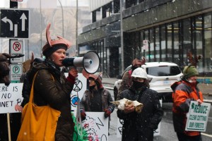 抗议者从灭绝叛乱Mi 'kma 'ki / NSgather on Hollis Street with signs and a mega phone.