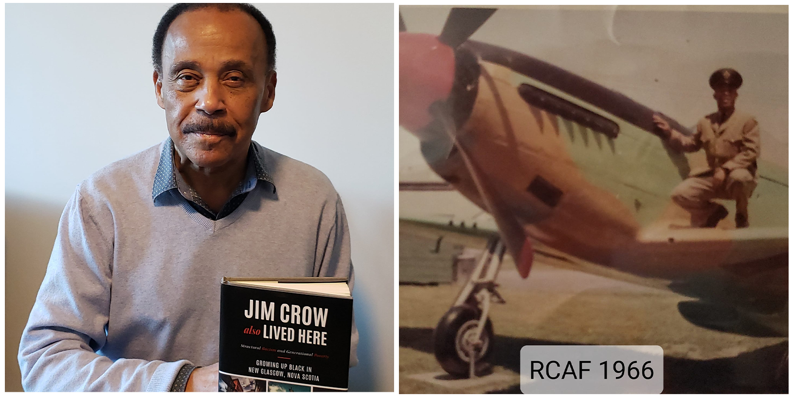 左图:Len Paris拿着他的书《吉姆·克劳也住在这里:在新格拉斯哥，新斯科舍长大的黑人》，这本书是他写的。右图:莱恩·帕里斯，1966年加入皇家武装部队后，跟随父亲的军事足迹。穿着皇家武装部队的夏季制服。”照片:Len巴黎