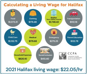 这张图表显示了哈利法克斯地区的费用分类，包括住房、食物、衣服、交通、儿童保育、紧急情况、医疗、父母教育、家庭用品和社会包容。