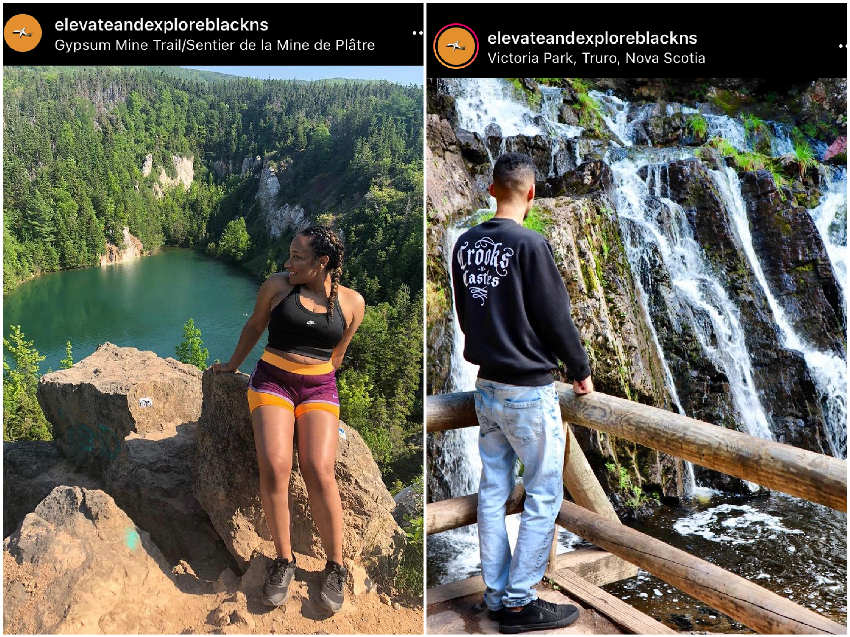 Left photo: Black woman sits on rock on top a mountain with trees and a lake in the background at Gypsum Mine Trail. Right Photo: Black man overlooks waterfalls at Victoria Park in Truro,