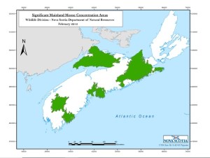 新斯科舍省的地图，绿色显示了大陆驼鹿的显著集中