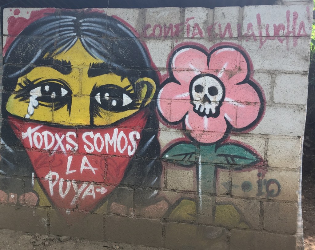墙上的流行艺术写着“Todos somos la puya”(我们都是荆棘”)，灵感来自对危地马拉Tambor金矿的抵抗。图片:Catherine Nolin