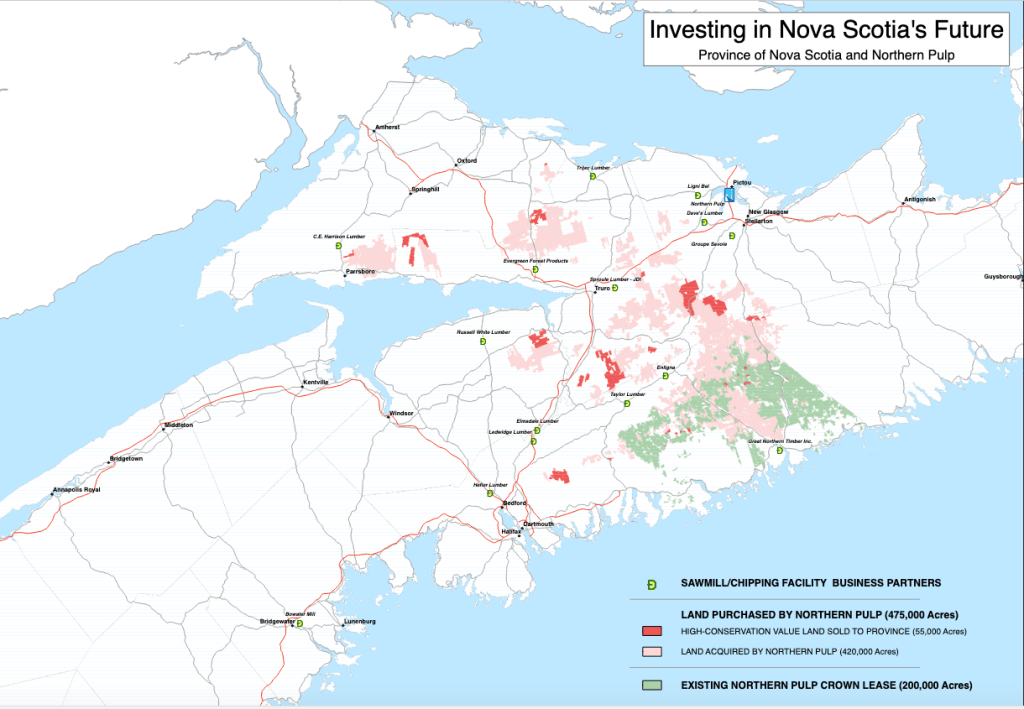 2010年，新斯科舍省政府贷款给北方纸浆公司7500万美元购买47.5万英亩土地，这张地图显示了北方纸浆公司购买的土地。
