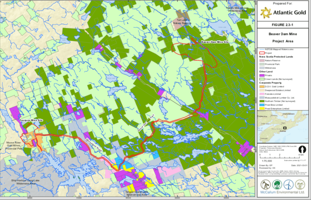 来自大西洋矿业NS环境影响报告的地图，显示了从比弗水坝运输矿石的30.1公里公路路线。