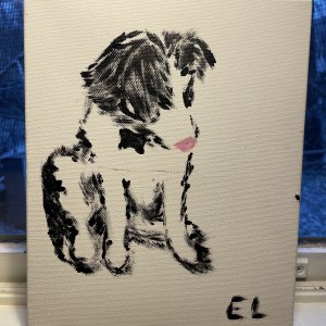 painting of a border collie puppy with a pink nose sitting against a white background.