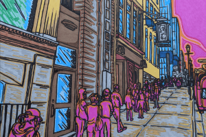 扎克·马尔根(Zak Markan)用明亮的记号笔绘制的插图。一群人沿着王子街向阿盖尔走去。亮黄色的卡尔顿酒店在左边，蓝色的会议中心在明亮的粉色和橙色天空的衬托下。