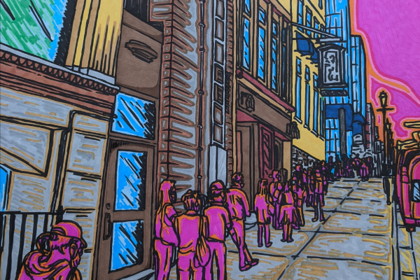 Zak Markan的插图，用明亮的马克笔完成。一排人沿着王子街蜿蜒向阿盖尔走去。亮黄色的卡尔顿在左边，蓝色的会议中心映衬着亮粉色和橙色的天空。