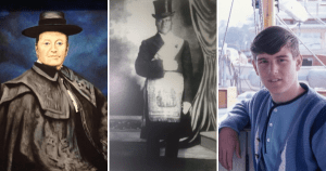 三张照片合在一起:一幅是伊丽莎白·萨瑟兰(Elizabeth Sutherland)的油画肖像，她是一名白人女性，头戴黑色檐帽，身穿华丽的黑色丝绸学术袍;Nelson Whynder，一个黑人，穿着正式的晨礼服，带着腰带，戴着白手套，戴着礼帽;还有埃里克·格雷夫斯，一个在帆船上穿着蓝色开衫的年轻白人。