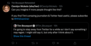 Carolyn Nickelo回应了Tim Bousquet的推特，告诉人们订阅《审查员》。