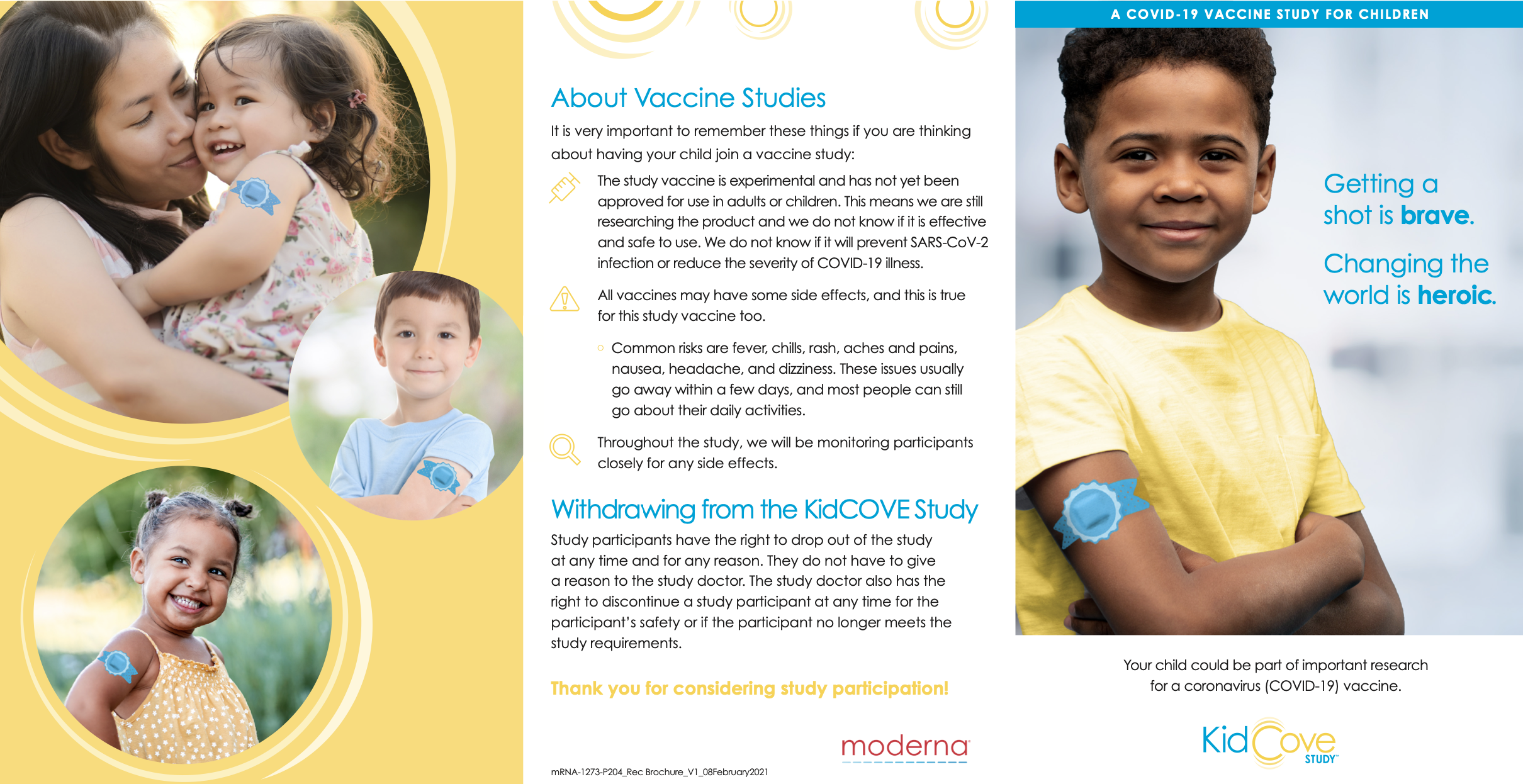 A page from the KidCOVE Moderna COVID-19 study brochure providing information about the study and featuring photos of happy parents and children.