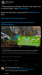 A tweet promoting a Nov. 12 article on People's Park by Leslie Amminson and Ethan Lycan-Lang. A subtweet asks when Ethan will 