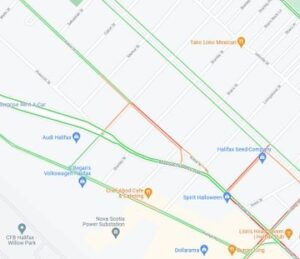 这张交通地图显示了在罗比街的邻居抗议期间，周五下午的交通是如何减慢的。