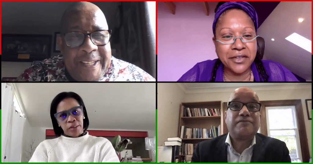 Cikiah Thomas、Delvina Bernard和Adrea Thomas周一参加了由Isaac Saney主办的“2023大学研究奴隶制会议会前活动”。这张照片显示了Zoom面板讨论的屏幕截图，视频来自Thomas, Bernard, Douglas和Saney。