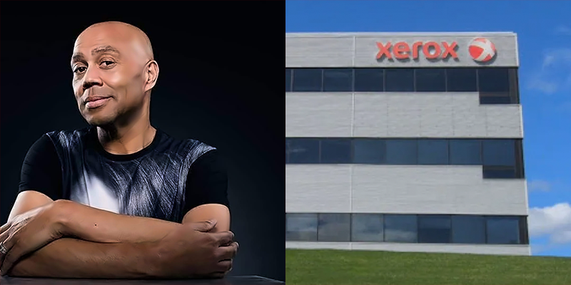 左边是诺曼和赫克托的照片。赫克托穿着一件正面有白色图案的黑色衬衫。他双臂交叉，脸上挂着笑容。左边是施乐公司大楼的照片。