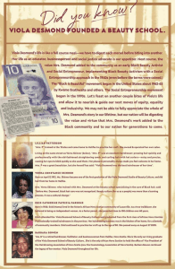 展品上写着“你知道吗?”维奥拉·戴斯蒙德创办了一所美容学校?上面有一张维奥拉·戴斯蒙德的10美元的照片。还有更多其他黑美护发先驱的故事和照片。