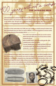 展览的展品上写着400年没有梳子。次等种子它展示了一个梳子的人工制品，以及奴隶船的图形，一张曾经是奴隶的黑人的照片，然后是脚踝上的镣铐。这篇文章详细介绍了黑头发护理的历史。