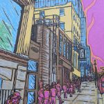 一幅色彩鲜艳的插图，画的是王子街人行道上的一排人。