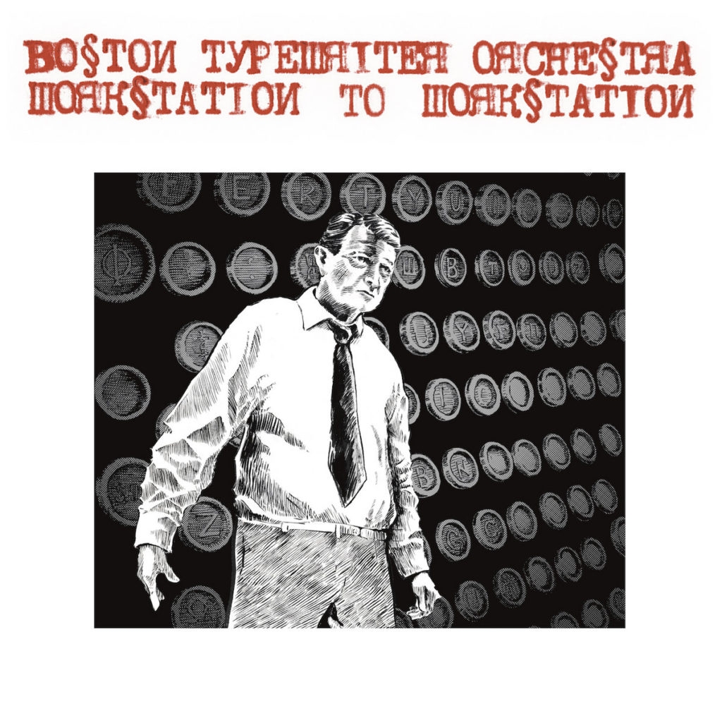 波士顿打字机管弦乐队录制的《工作站到工作站》专辑封面。这张图片显示了一个穿着白色衬衫、打着领带、神情紧张的男人，他的背景是一组垂直的打字机按键。乐队的名字和标题用的字体是红色的，看起来好像都是大写字母，只是Rs倒着打。