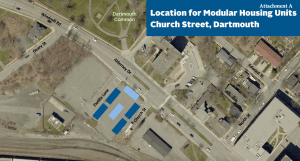 An overhead map view of the location for the new modular housing units in Dartmouth.