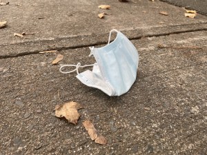 a blue paper mask lies strewn on the sidewalk surrounded by brown crispy leave that have fallen off trees.