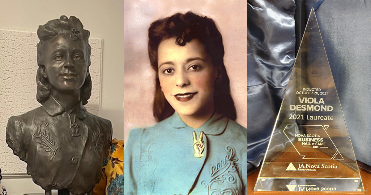 在拼贴画中的三张照片，包括乌贼属德尔蒙德的胸围，乌贼属德蒙德自己的照片，以及Nova Scotia业务名人堂塑造成玻璃金字塔的奖励，以纪念德斯蒙德。