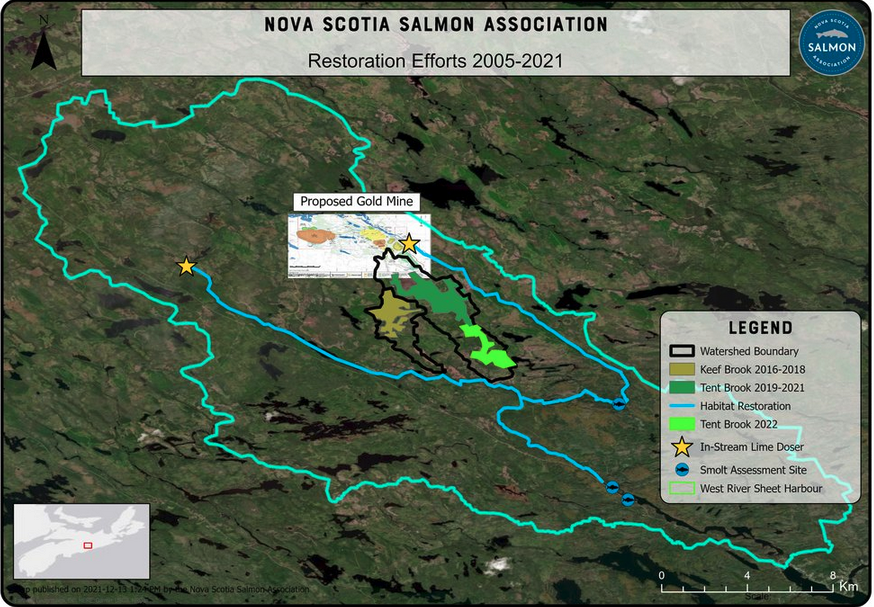 这张新斯科舍鲑鱼协会提交给加拿大影响评估机构的地图显示，提议的海狸坝金矿就在NSSA正在恢复的流域区域的中心。