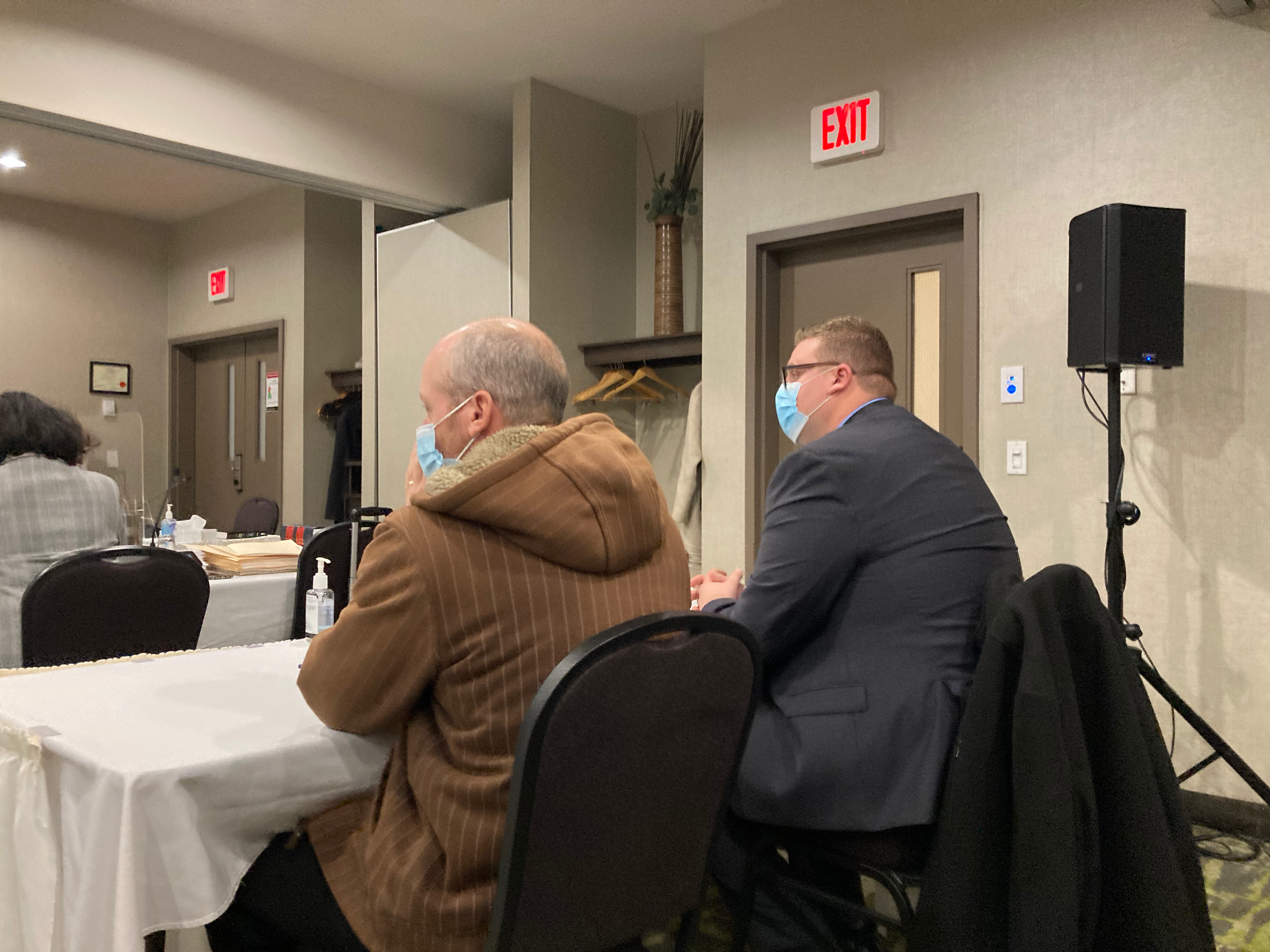 Cst. Scott Martin and Cst. Jason Meisner awaiat testimony Monday in the appeal hearing into kayla Borden's complaint. Photo: Matthew Byard.