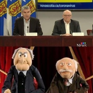 两张图合二为一。上图是斯特朗博士和前总理史蒂芬·麦克尼尔坐在新闻发布会上。下图展示了布偶斯塔德勒和霍道夫。这种相似之处简直不可思议。