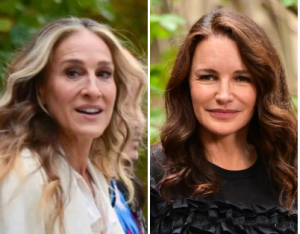 两位著名女性:莎拉·杰西卡·帕克，一位有着一头深金色长发的白人女性;克里斯汀·戴维斯，一个留着深色长发的白人妇女。