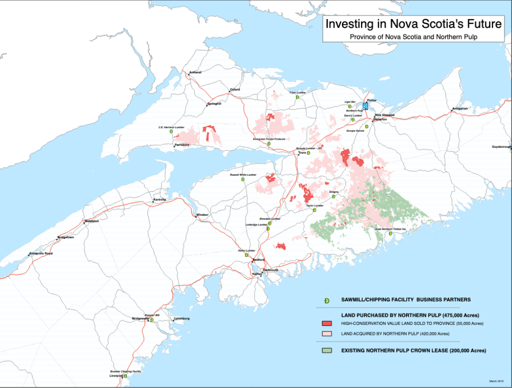 这是一张2010年的政府地图，上面显示了新斯科舍省47.5万英亩的土地是由北方纸浆公司用省政府的7500万美元贷款购买的，包括温特沃斯山谷和人力资源管理的土地，北方纸浆公司现在正在出租用贷款购买的土地。