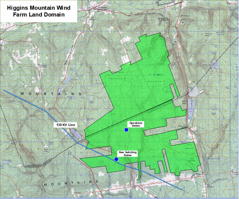 来自希金斯山风电场支持者网站的地图，显示了涡轮机将位于温特沃斯谷的北部纸浆土地