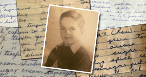 一张小男孩的深褐色照片，放在一组手写食谱的拼贴照片上