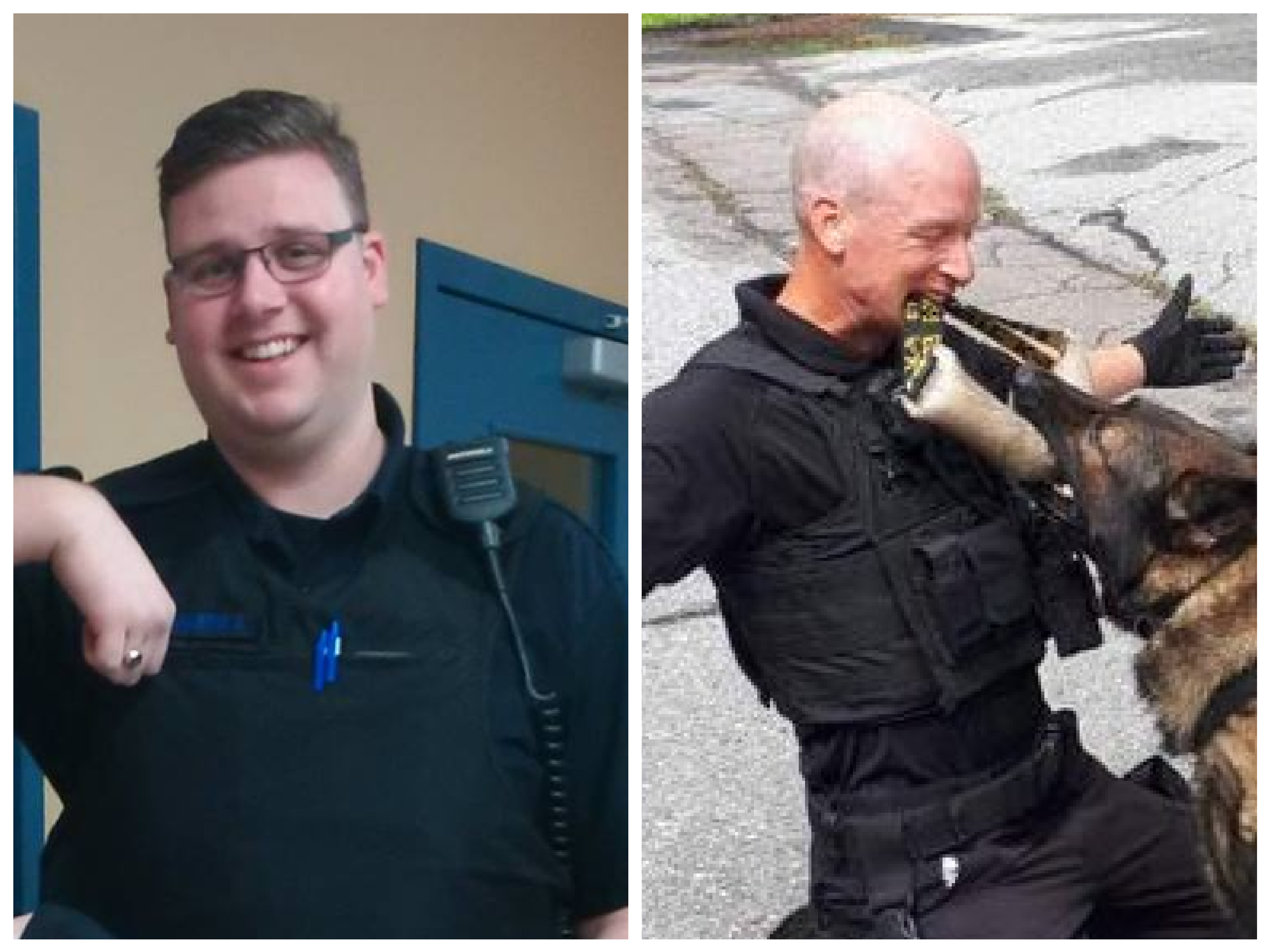Left photo: Cst. Scott Martin smiles in uniform for the camera. Right photo: Cst. Jason Meisner plays tug-a-war with a dog bone in his teeth with a police k-9