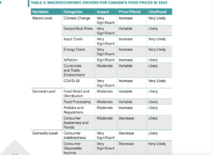 一个表显示加拿大食品价格的宏观经济驱动因素在2022年。