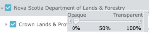 Harvest Map Viewer上工具栏的截图。它说，新斯科舍省土地和林业部有一个滑动按钮，可以选择从0%或不透明到100%或透明的任何地方。