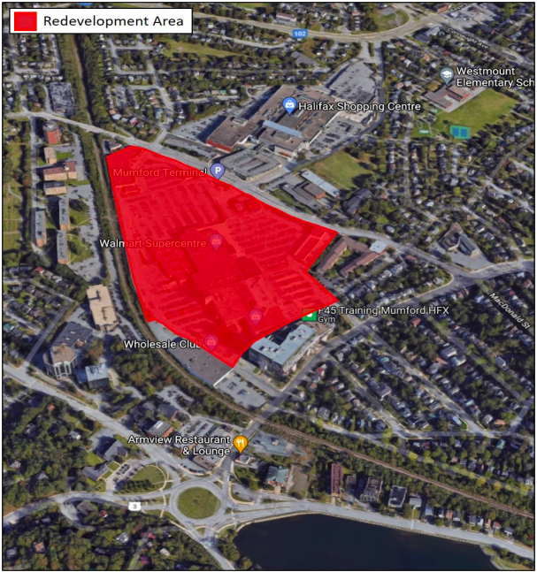 A map of West End Halifax with the West End Mall coloured in red.