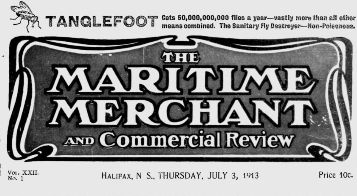 一张旧报纸的头版。上面写着哈利法克斯的《海商与商业评论》不。1913年7月3日，星期四。标题上方是一幅苍蝇的画，以及“卫生苍蝇破坏者”Tanglefoot的广告。