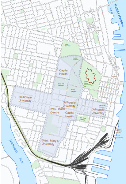 哈利法克斯半岛地图，蓝色阴影处大致呈十字形。它从北部公共区圣玛丽校区和南部的达尔豪西大学一直延伸到北部的科格斯韦尔街。