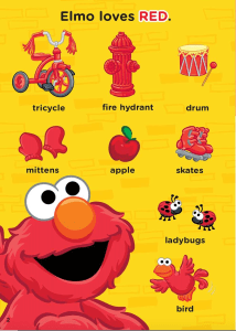 《芝麻街》中埃尔默的一张图片，上面有埃尔默喜欢的各种红色物品，包括三轮车、消防栓、鼓、手套、苹果、冰鞋、一只鸟和ladybugs。埃尔默在底部角落里，像往常一样高兴。