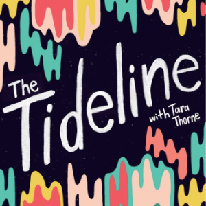 Tideline的标志是白色手绘文字，上面写着“Tara Thorne的Tideline”，黑色背景上有红色、桃红色、黄色和绿色的抽象波浪图案。