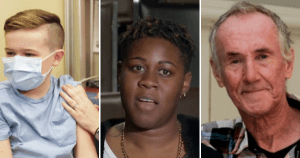 三张照片来自本周的故事:一个年轻的白人男孩第一次接种疫苗;黑人女性凯拉·波登(Kayla Borden);还有德瑞克·戴，一个年长的白人