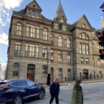 the back side of City Hall on a sunny winter day