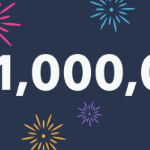 The number one million in white on a dark background with multicoloured starbursts around it
